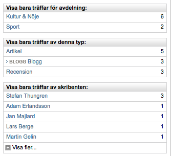 Exempel på sökfilter från SvD